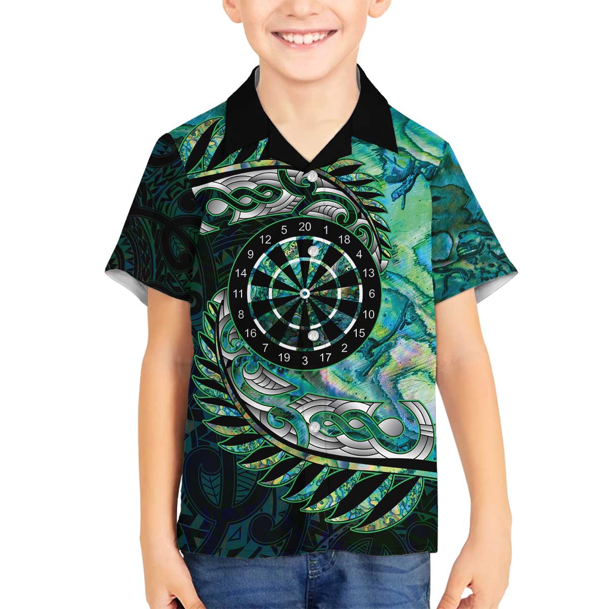 New Zealand Darts Personalised Family Matching Off The Shoulder Long Sleeve Dress and Hawaiian Shirt Aotearoa Silver Fern Green Papua Shell Spirit