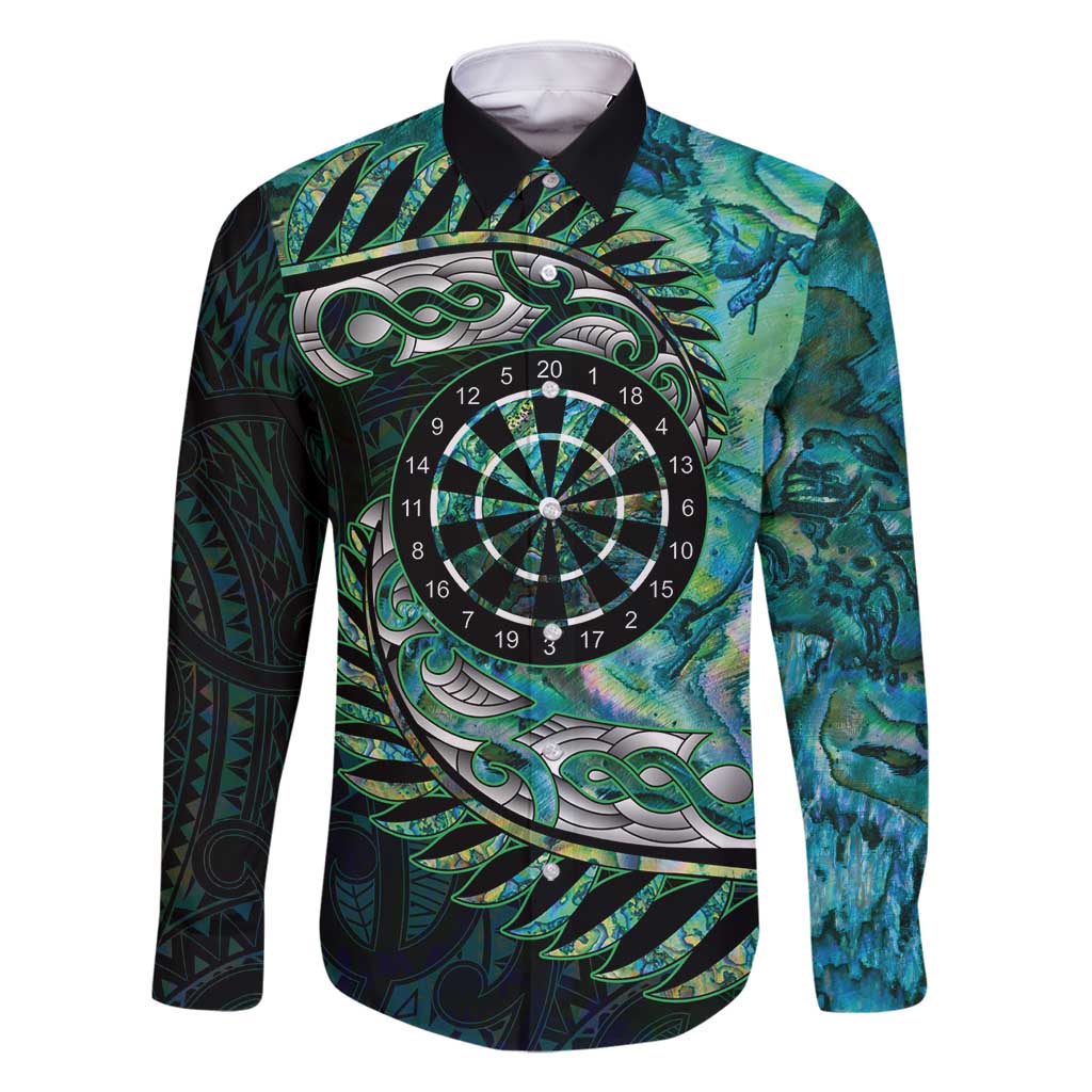 New Zealand Darts Personalised Family Matching Off Shoulder Maxi Dress and Hawaiian Shirt Aotearoa Silver Fern Green Papua Shell Spirit LT9 Dad's Shirt - Long Sleeve Green - Polynesian Pride