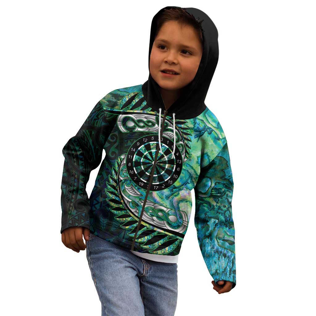 New Zealand Darts Personalised Kid Hoodie Aotearoa Silver Fern Green Papua Shell Spirit