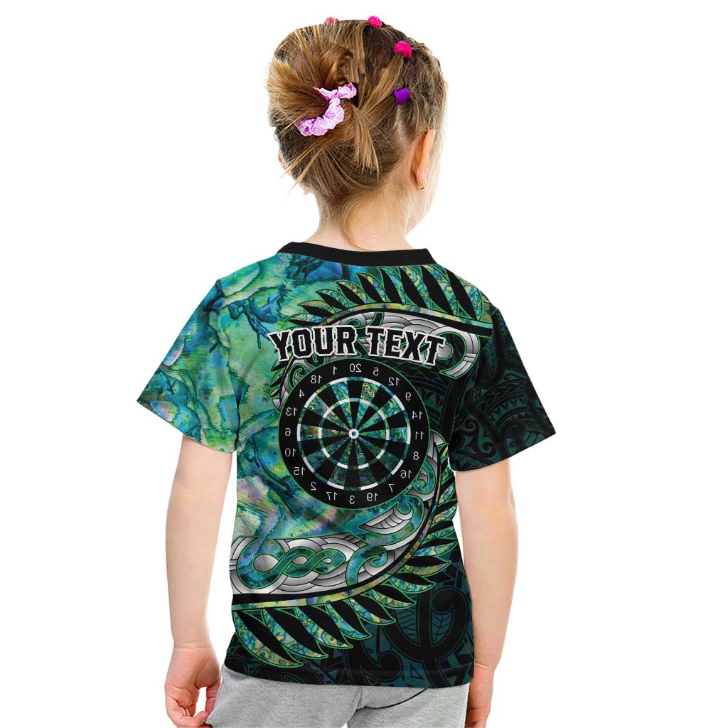 New Zealand Darts Personalised Kid T Shirt Aotearoa Silver Fern Green Papua Shell Spirit
