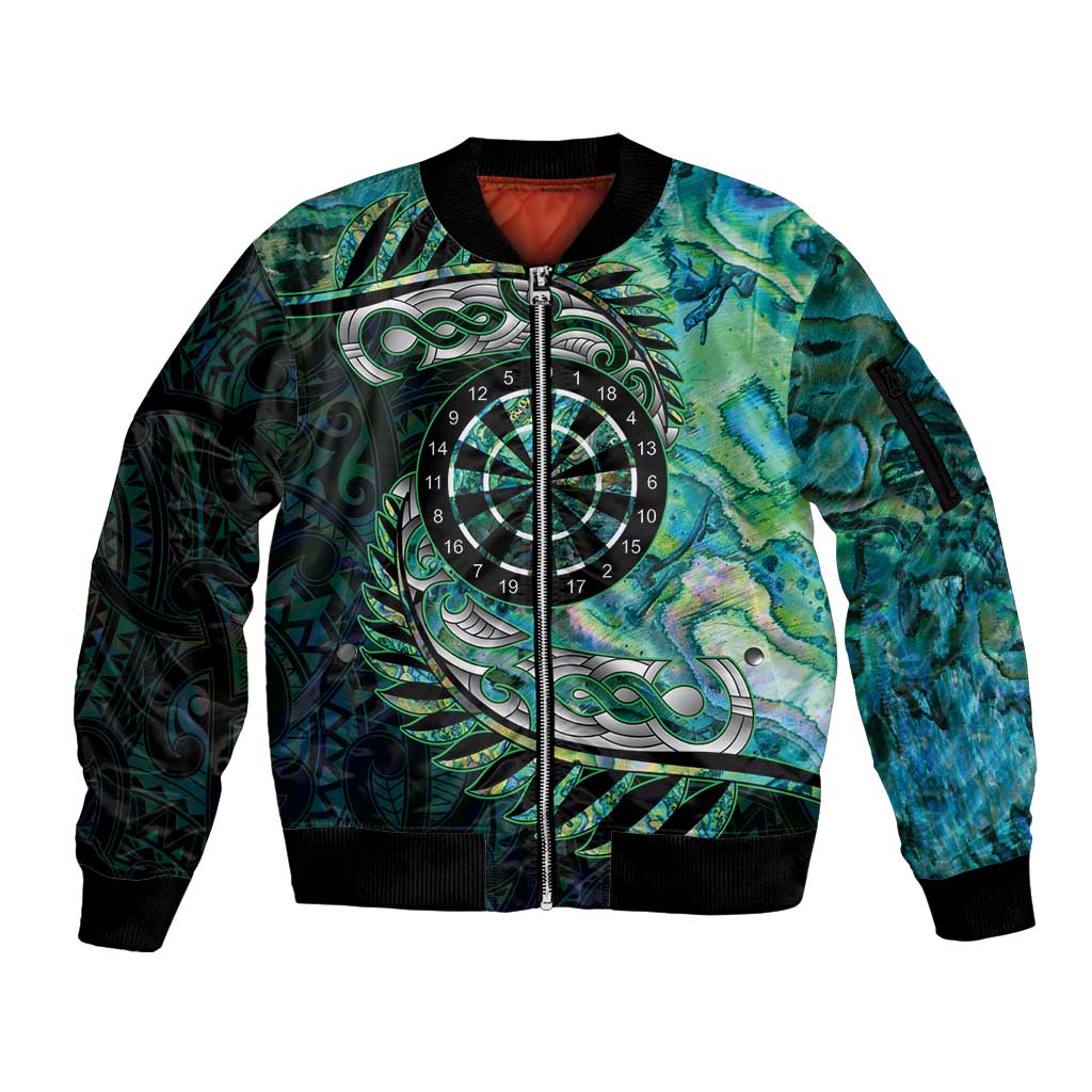 New Zealand Darts Personalised Sleeve Zip Bomber Jacket Aotearoa Silver Fern Green Papua Shell Spirit