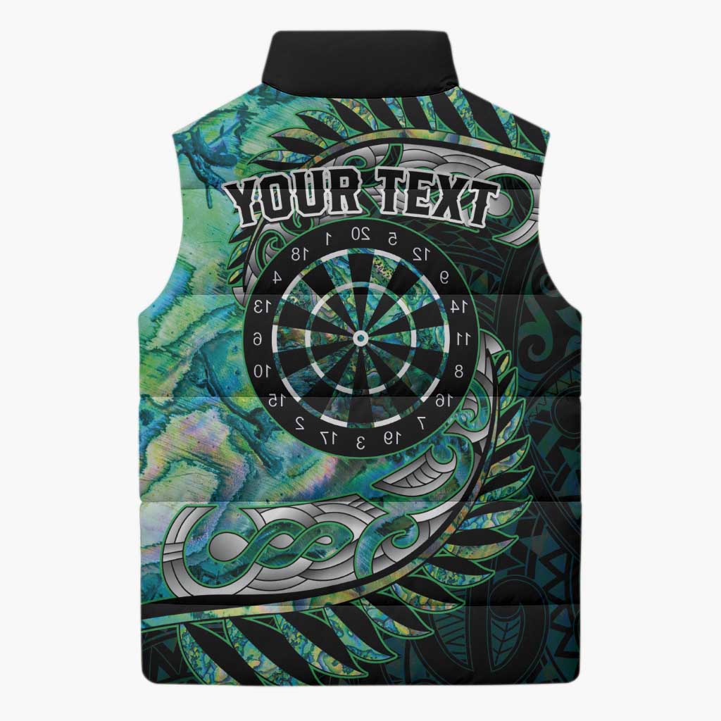 New Zealand Darts Personalised Sleeveless Puffer Jacket Aotearoa Silver Fern Green Papua Shell Spirit - Polynesian Pride