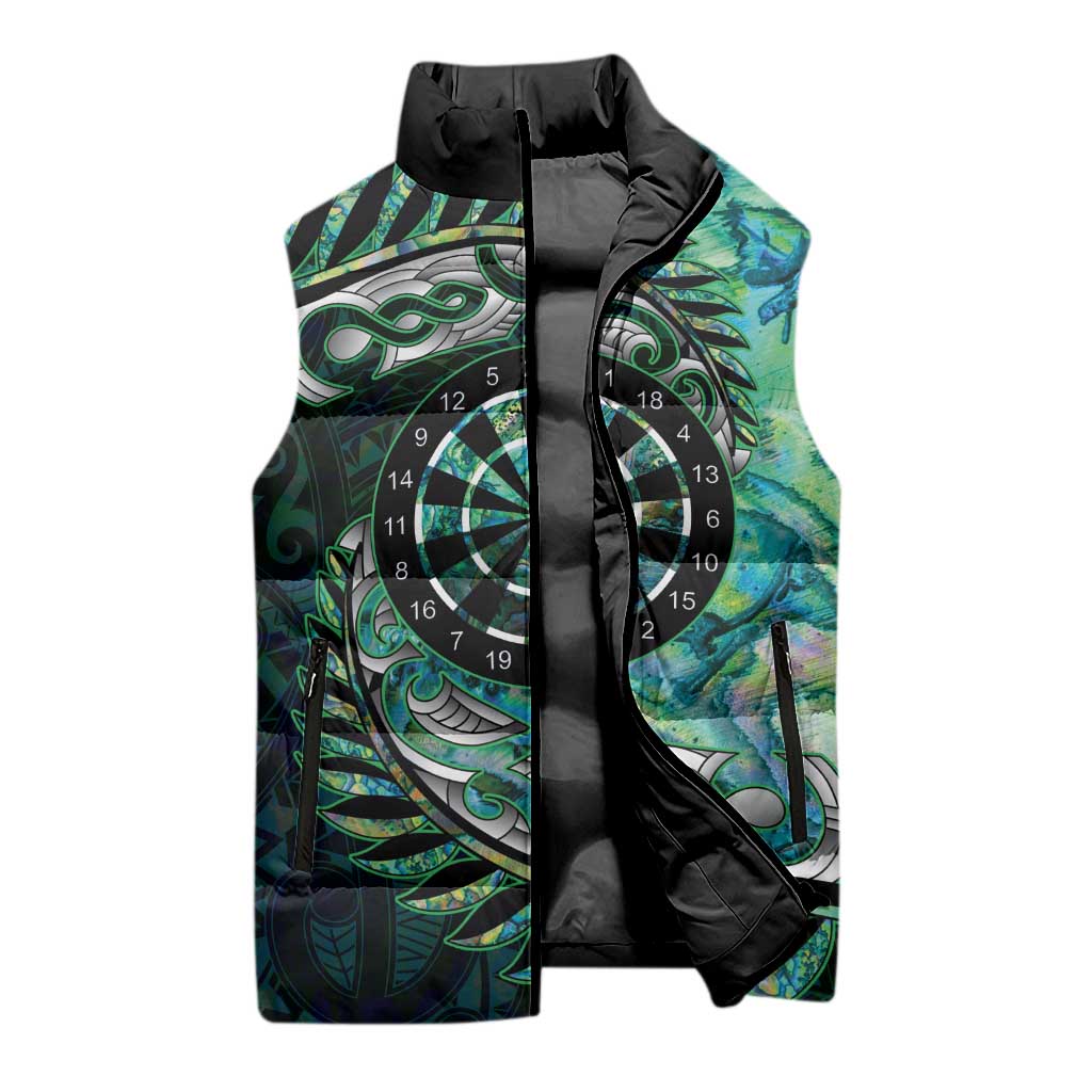 New Zealand Darts Personalised Sleeveless Puffer Jacket Aotearoa Silver Fern Green Papua Shell Spirit - Polynesian Pride