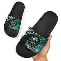 New Zealand Darts Personalised Slide Sandals Aotearoa Silver Fern Green Papua Shell Spirit - Polynesian Pride