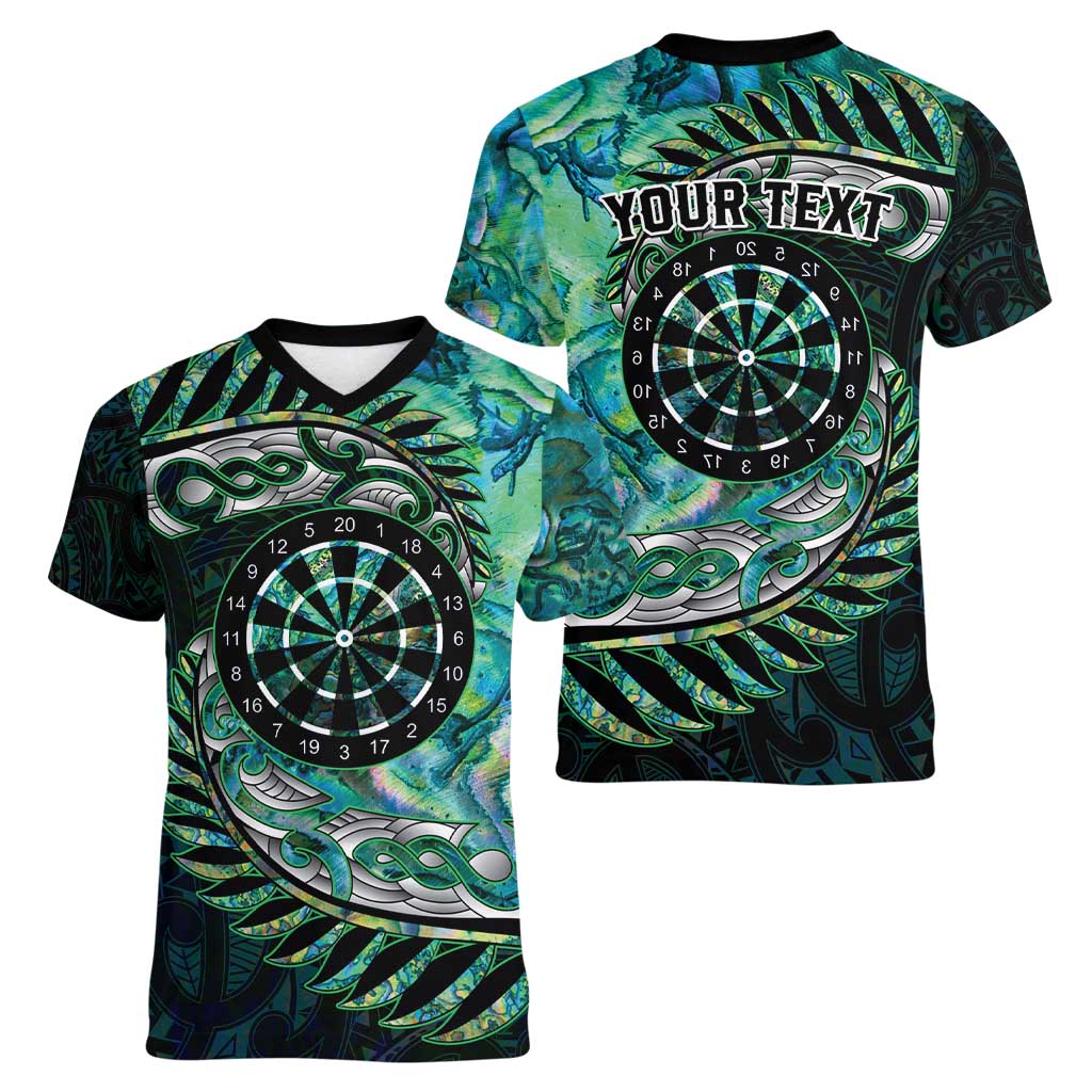 New Zealand Darts Personalised Women V-Neck T-Shirt Aotearoa Silver Fern Green Papua Shell Spirit