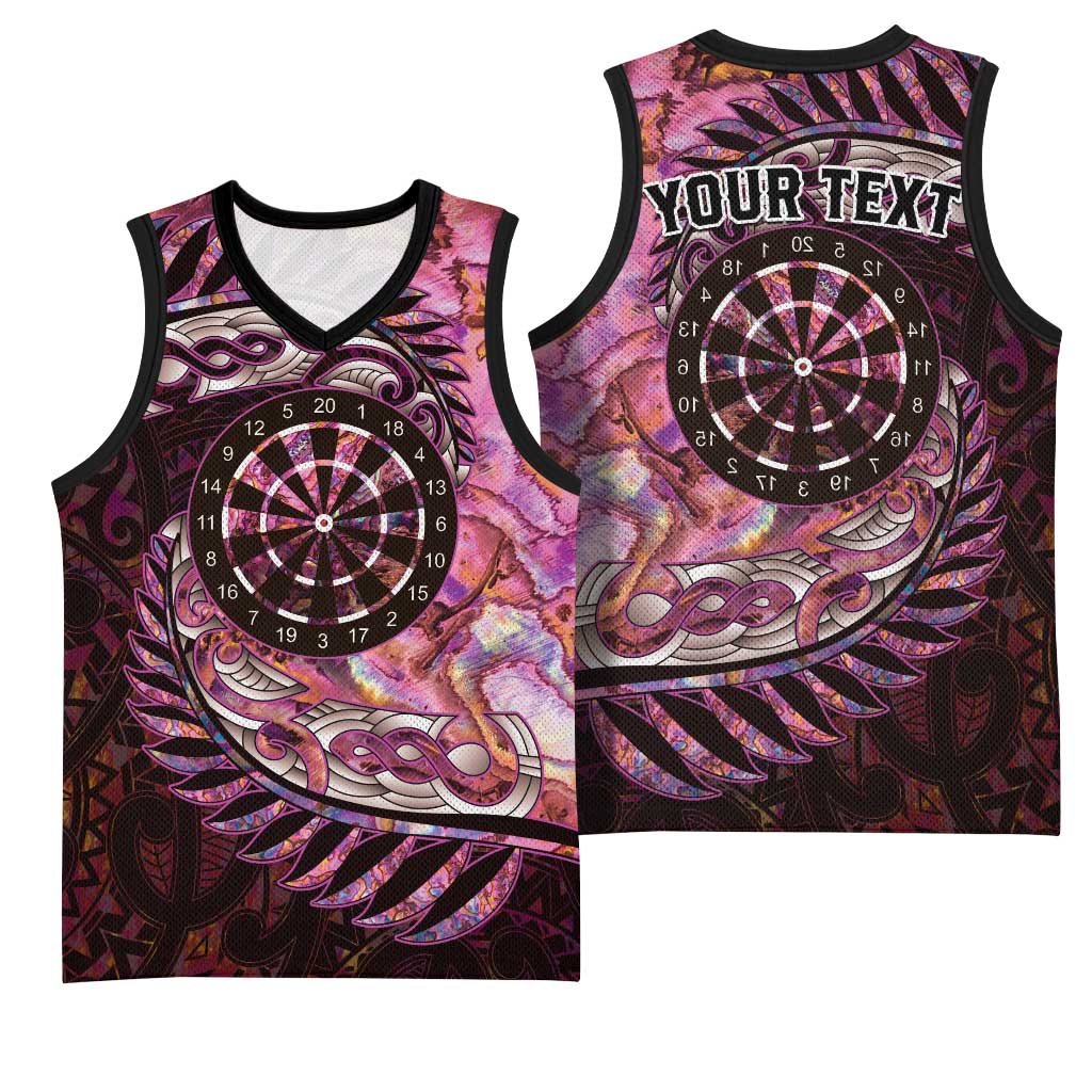New Zealand Darts Personalised Basketball Jersey Aotearoa Silver Fern Pink Papua Shell Spirit - Polynesian Pride