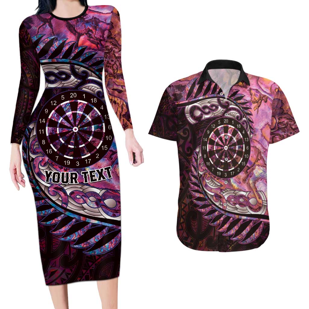 New Zealand Darts Personalised Couples Matching Long Sleeve Bodycon Dress and Hawaiian Shirt Aotearoa Silver Fern Pink Papua Shell Spirit