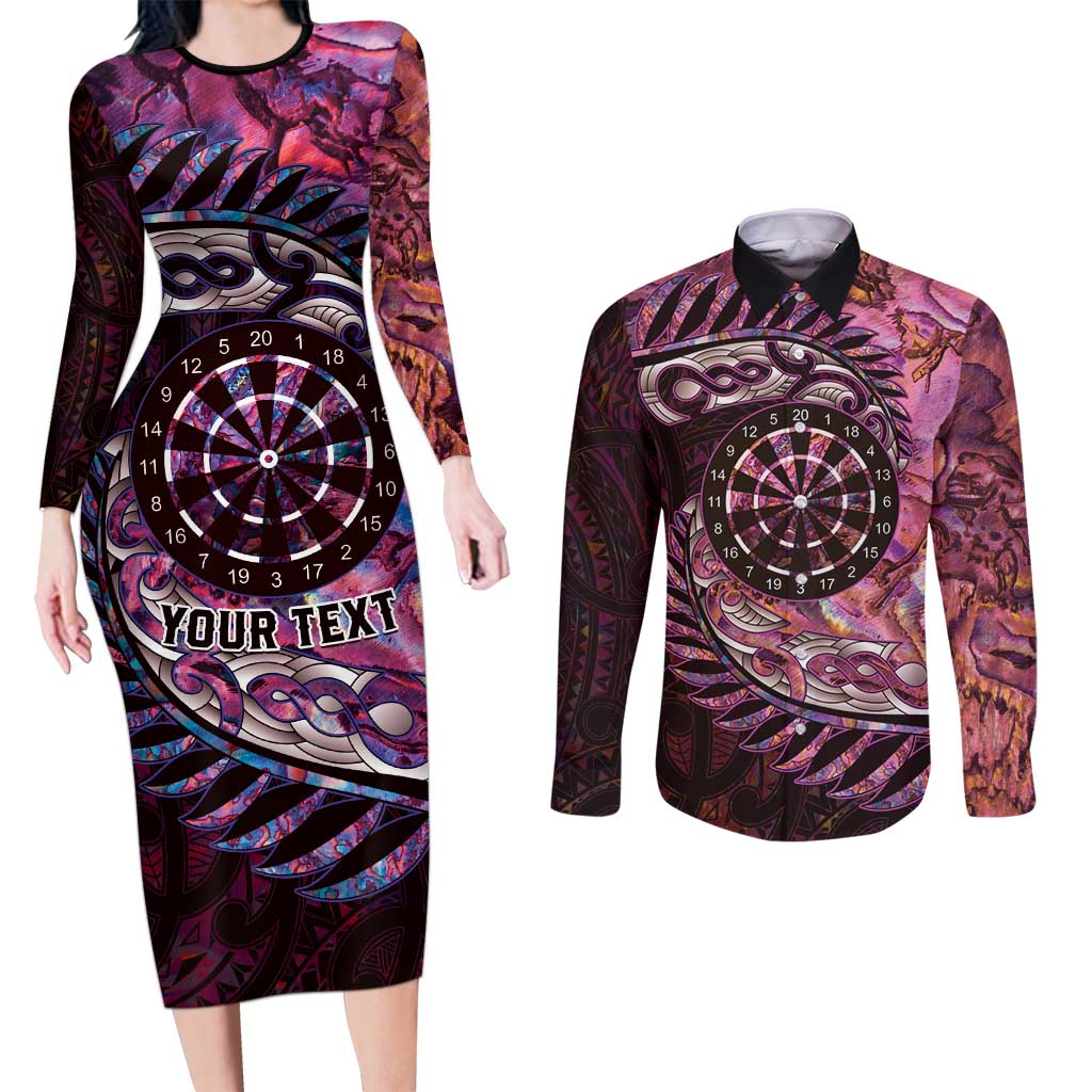 New Zealand Darts Personalised Couples Matching Long Sleeve Bodycon Dress and Long Sleeve Button Shirt Aotearoa Silver Fern Pink Papua Shell Spirit
