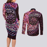 New Zealand Darts Personalised Couples Matching Long Sleeve Bodycon Dress and Long Sleeve Button Shirt Aotearoa Silver Fern Pink Papua Shell Spirit