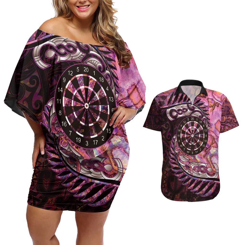 New Zealand Darts Personalised Couples Matching Off Shoulder Short Dress and Hawaiian Shirt Aotearoa Silver Fern Pink Papua Shell Spirit
