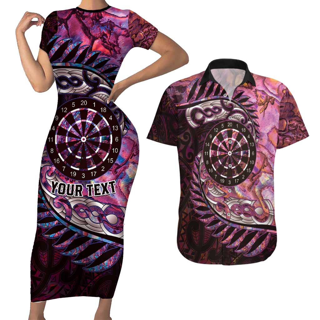 New Zealand Darts Personalised Couples Matching Short Sleeve Bodycon Dress and Hawaiian Shirt Aotearoa Silver Fern Pink Papua Shell Spirit