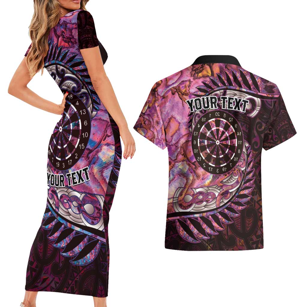 New Zealand Darts Personalised Couples Matching Short Sleeve Bodycon Dress and Hawaiian Shirt Aotearoa Silver Fern Pink Papua Shell Spirit