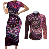 New Zealand Darts Personalised Couples Matching Short Sleeve Bodycon Dress and Long Sleeve Button Shirt Aotearoa Silver Fern Pink Papua Shell Spirit