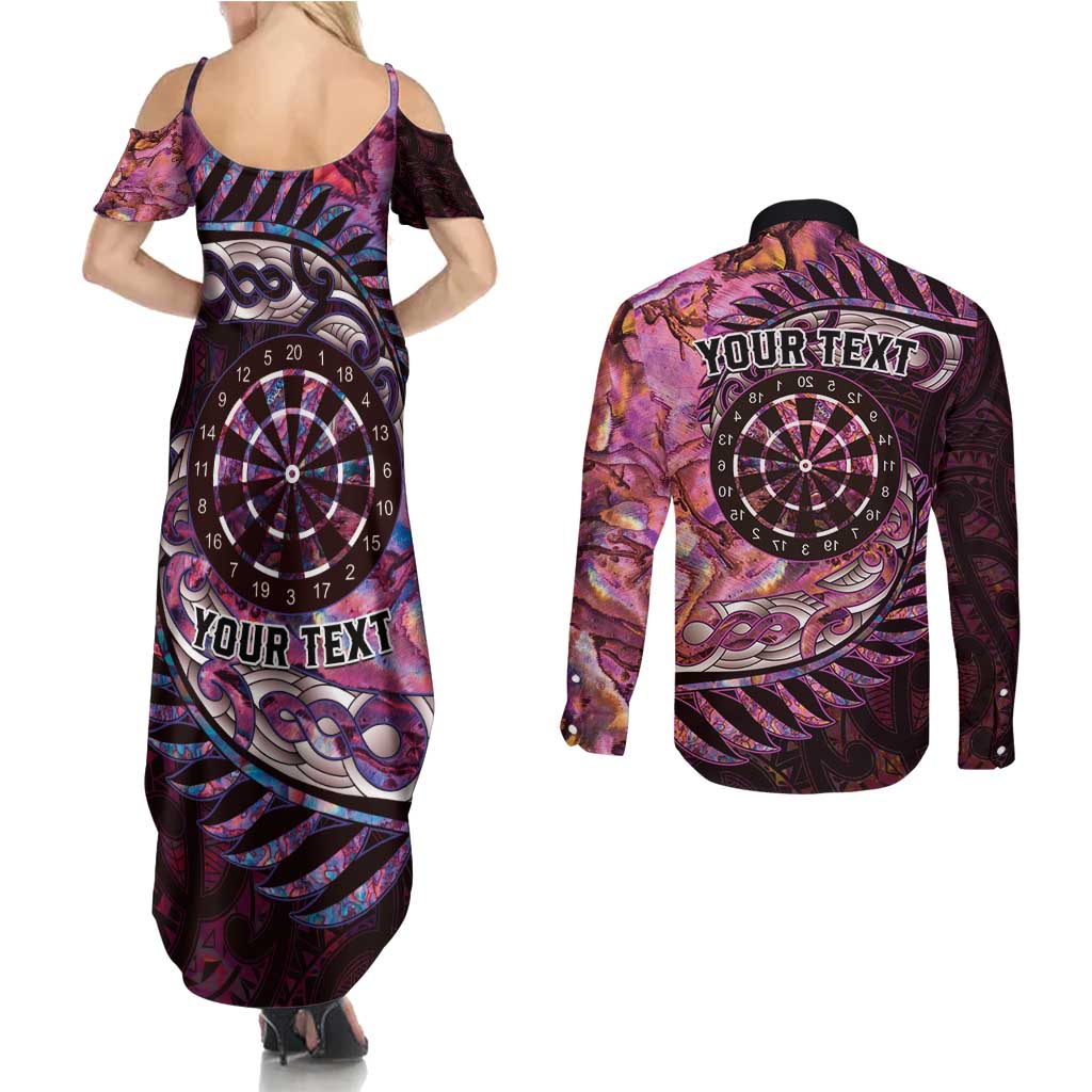 New Zealand Darts Personalised Couples Matching Summer Maxi Dress and Long Sleeve Button Shirt Aotearoa Silver Fern Pink Papua Shell Spirit