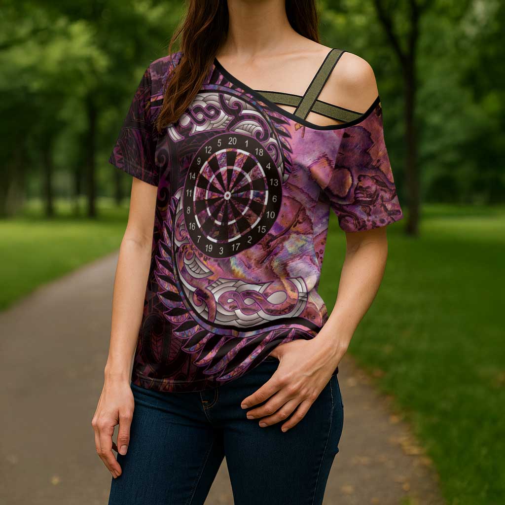 New Zealand Darts Personalised Cross Shoulder Shirt Aotearoa Silver Fern Pink Papua Shell Spirit - Polynesian Pride