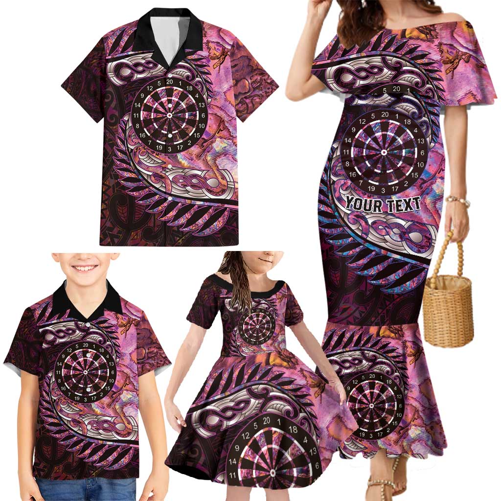 New Zealand Darts Personalised Family Matching Mermaid Dress and Hawaiian Shirt Aotearoa Silver Fern Pink Papua Shell Spirit