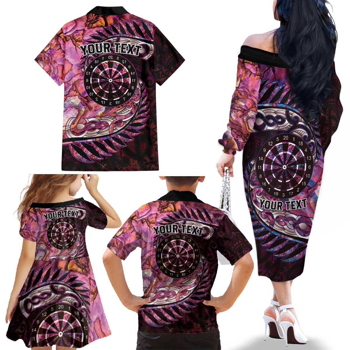 New Zealand Darts Personalised Family Matching Off The Shoulder Long Sleeve Dress and Hawaiian Shirt Aotearoa Silver Fern Pink Papua Shell Spirit