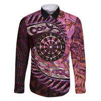 New Zealand Darts Personalised Family Matching Off Shoulder Maxi Dress and Hawaiian Shirt Aotearoa Silver Fern Pink Papua Shell Spirit LT9 Dad's Shirt - Long Sleeve Pink - Polynesian Pride