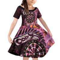 New Zealand Darts Personalised Family Matching Off Shoulder Short Dress and Hawaiian Shirt Aotearoa Silver Fern Pink Papua Shell Spirit