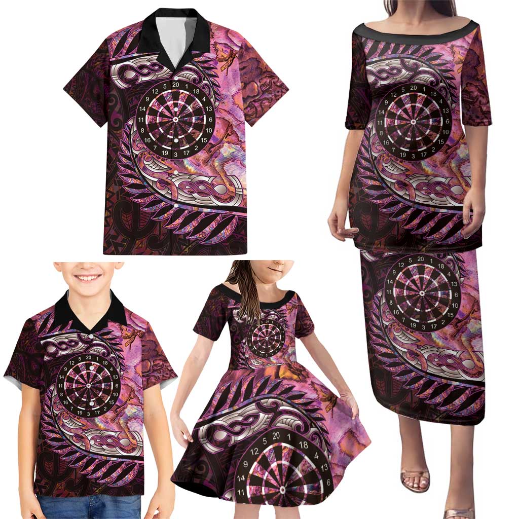 New Zealand Darts Personalised Family Matching Puletasi and Hawaiian Shirt Aotearoa Silver Fern Pink Papua Shell Spirit