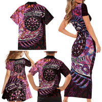 New Zealand Darts Personalised Family Matching Short Sleeve Bodycon Dress and Hawaiian Shirt Aotearoa Silver Fern Pink Papua Shell Spirit