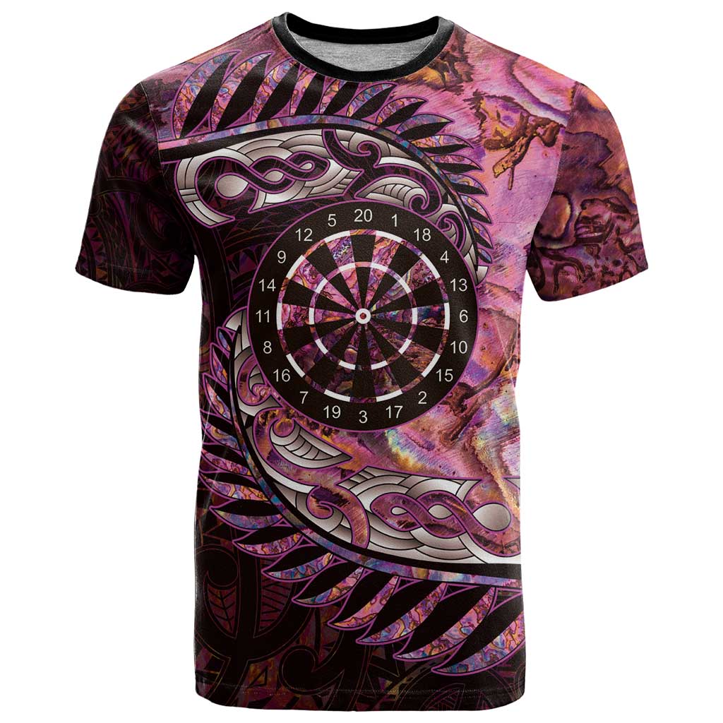 New Zealand Darts Personalised T Shirt Aotearoa Silver Fern Pink Papua Shell Spirit