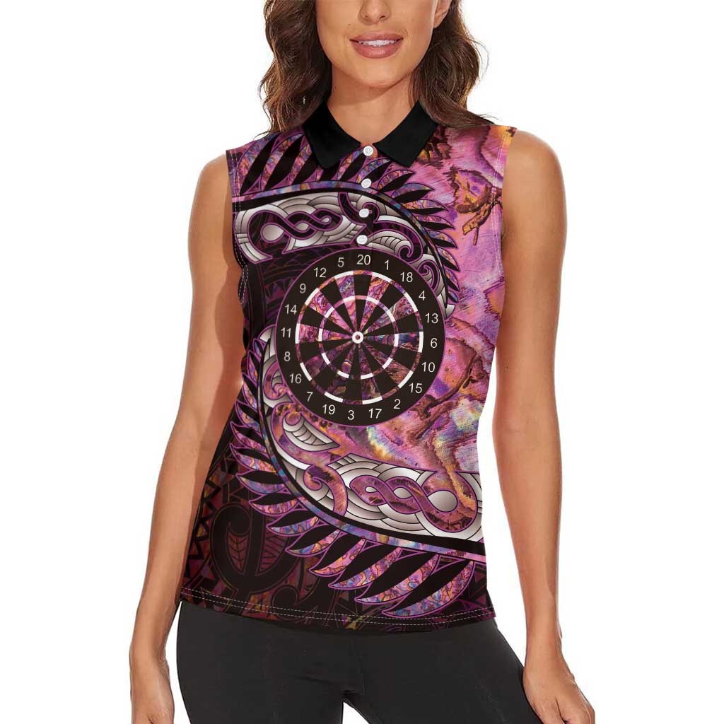 New Zealand Darts Personalised Women Sleeveless Polo Shirt Aotearoa Silver Fern Pink Papua Shell Spirit