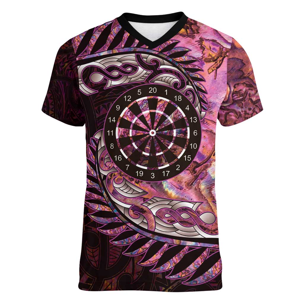 New Zealand Darts Personalised Women V-Neck T-Shirt Aotearoa Silver Fern Pink Papua Shell Spirit
