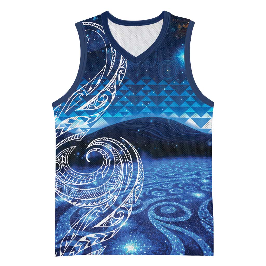 New Zealand Matariki Basketball Jersey Taniko Aramoana With Koru Galaxy Sky Night - Polynesian Pride