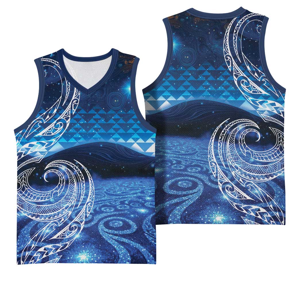 New Zealand Matariki Basketball Jersey Taniko Aramoana With Koru Galaxy Sky Night - Polynesian Pride