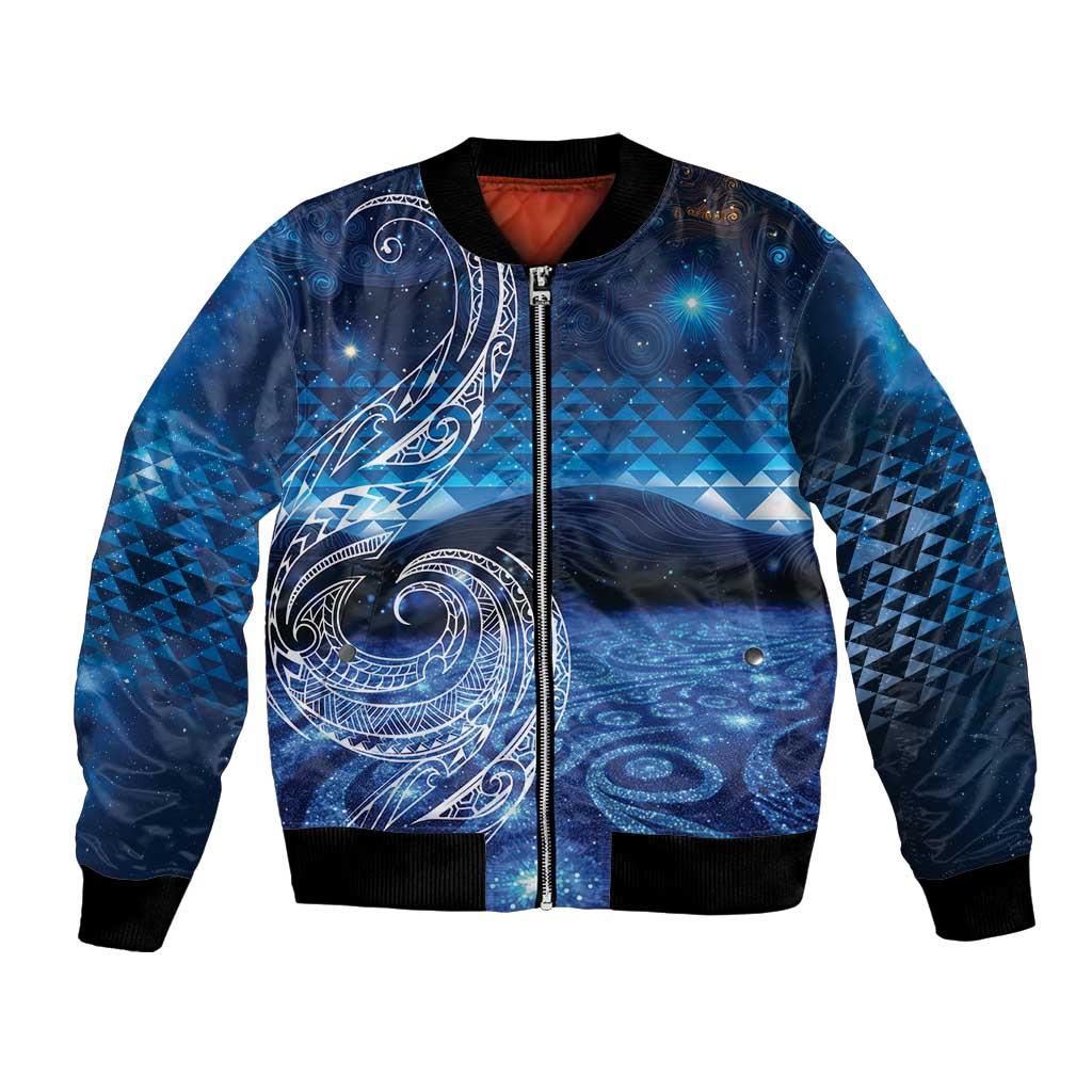New Zealand Matariki Bomber Jacket Taniko Aramoana With Koru Galaxy Sky Night LT9 Unisex Galaxy - Polynesian Pride