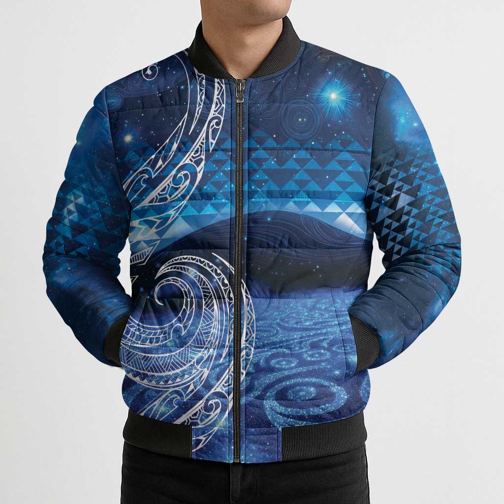 New Zealand Matariki Bomber Puffer Jacket Taniko Aramoana With Koru Galaxy Sky Night - Polynesian Pride