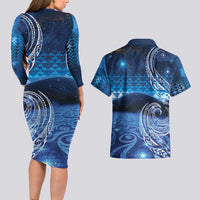 New Zealand Matariki Couples Matching Long Sleeve Bodycon Dress and Hawaiian Shirt Taniko Aramoana With Koru Galaxy Sky Night