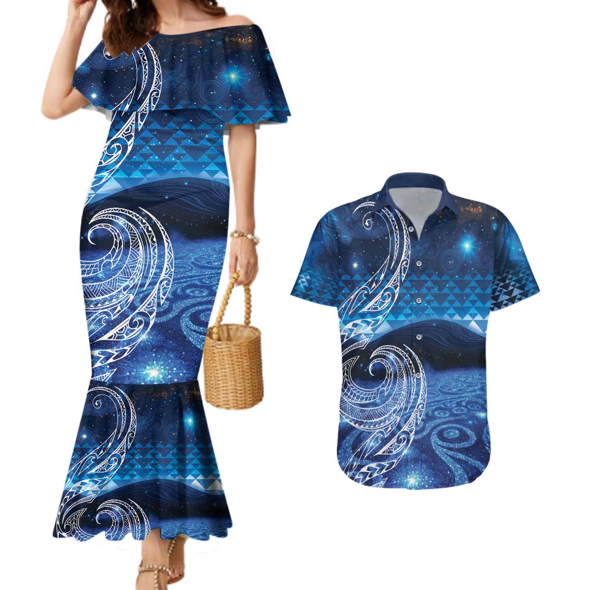 New Zealand Matariki Couples Matching Mermaid Dress and Hawaiian Shirt Taniko Aramoana With Koru Galaxy Sky Night
