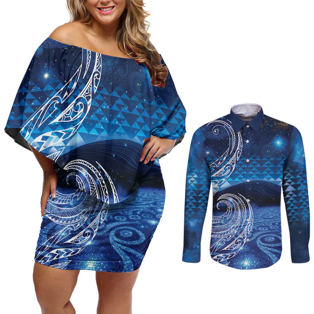 New Zealand Matariki Couples Matching Off Shoulder Short Dress and Long Sleeve Button Shirt Taniko Aramoana With Koru Galaxy Sky Night