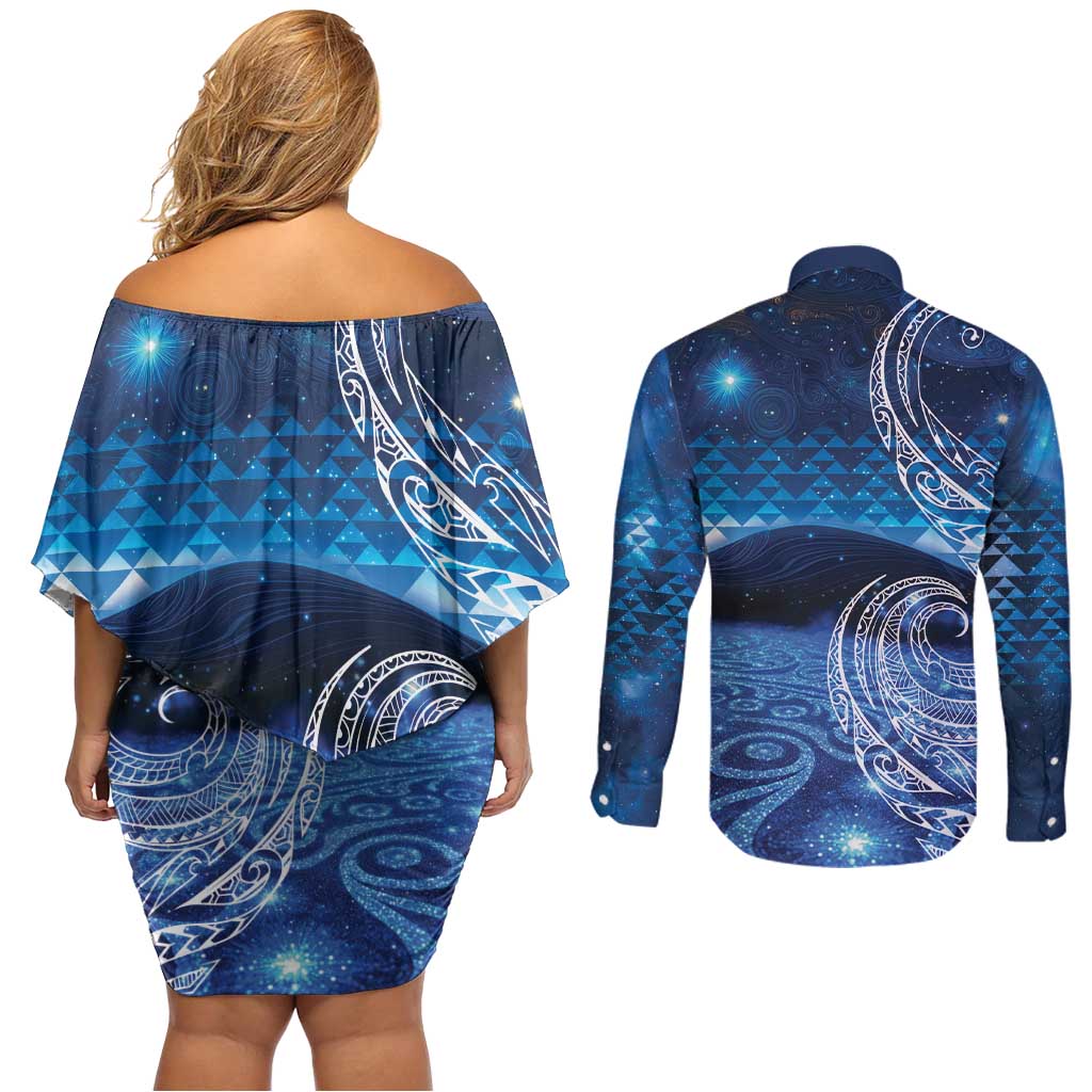 New Zealand Matariki Couples Matching Off Shoulder Short Dress and Long Sleeve Button Shirt Taniko Aramoana With Koru Galaxy Sky Night