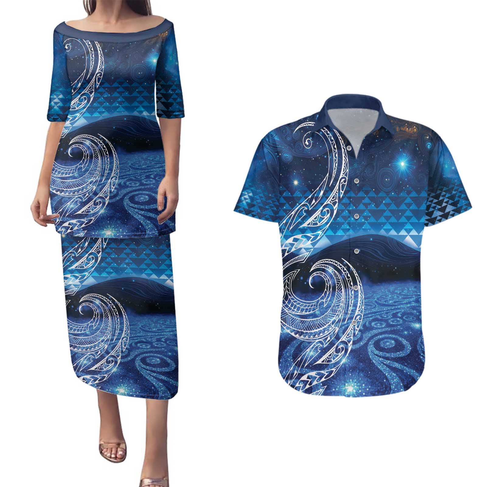 New Zealand Matariki Couples Matching Puletasi and Hawaiian Shirt Taniko Aramoana With Koru Galaxy Sky Night