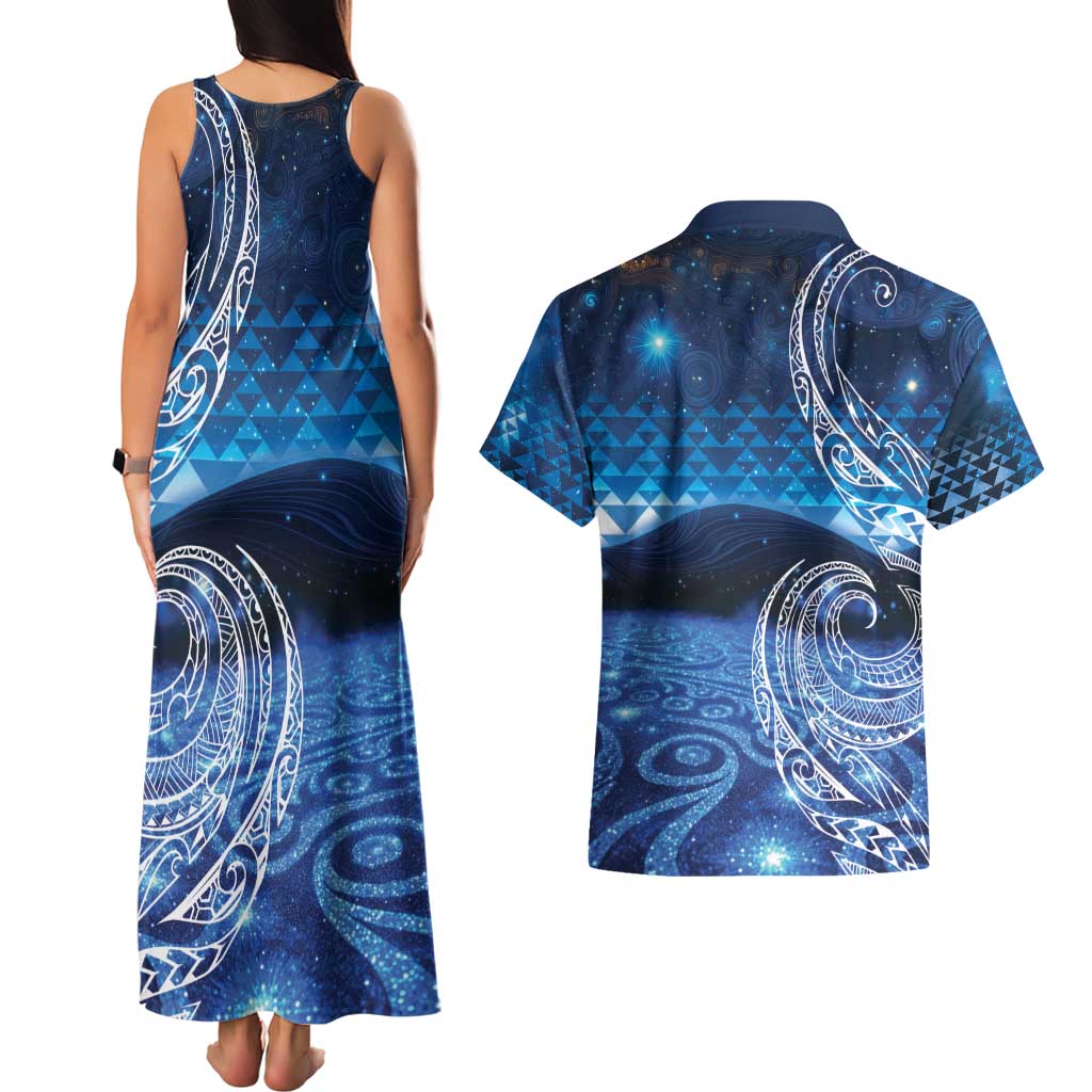 New Zealand Matariki Couples Matching Tank Maxi Dress and Hawaiian Shirt Taniko Aramoana With Koru Galaxy Sky Night