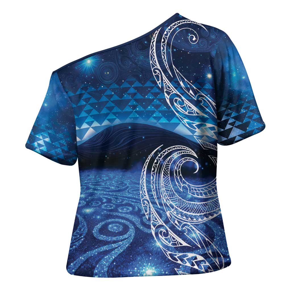 New Zealand Matariki Cross Shoulder Shirt Taniko Aramoana With Koru Galaxy Sky Night - Polynesian Pride