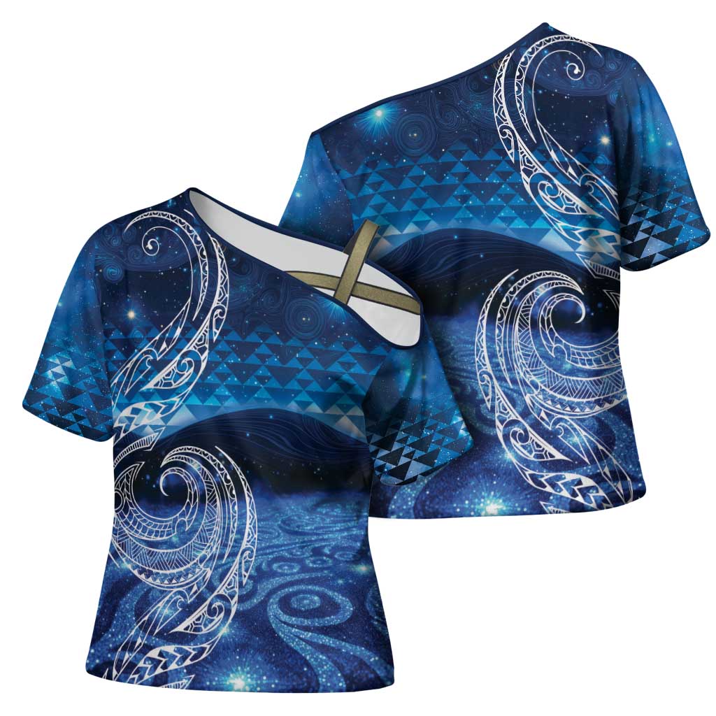 New Zealand Matariki Cross Shoulder Shirt Taniko Aramoana With Koru Galaxy Sky Night - Polynesian Pride