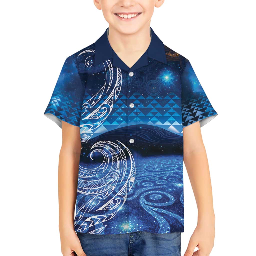 New Zealand Matariki Kid Hawaiian Shirt Taniko Aramoana With Koru Galaxy Sky Night