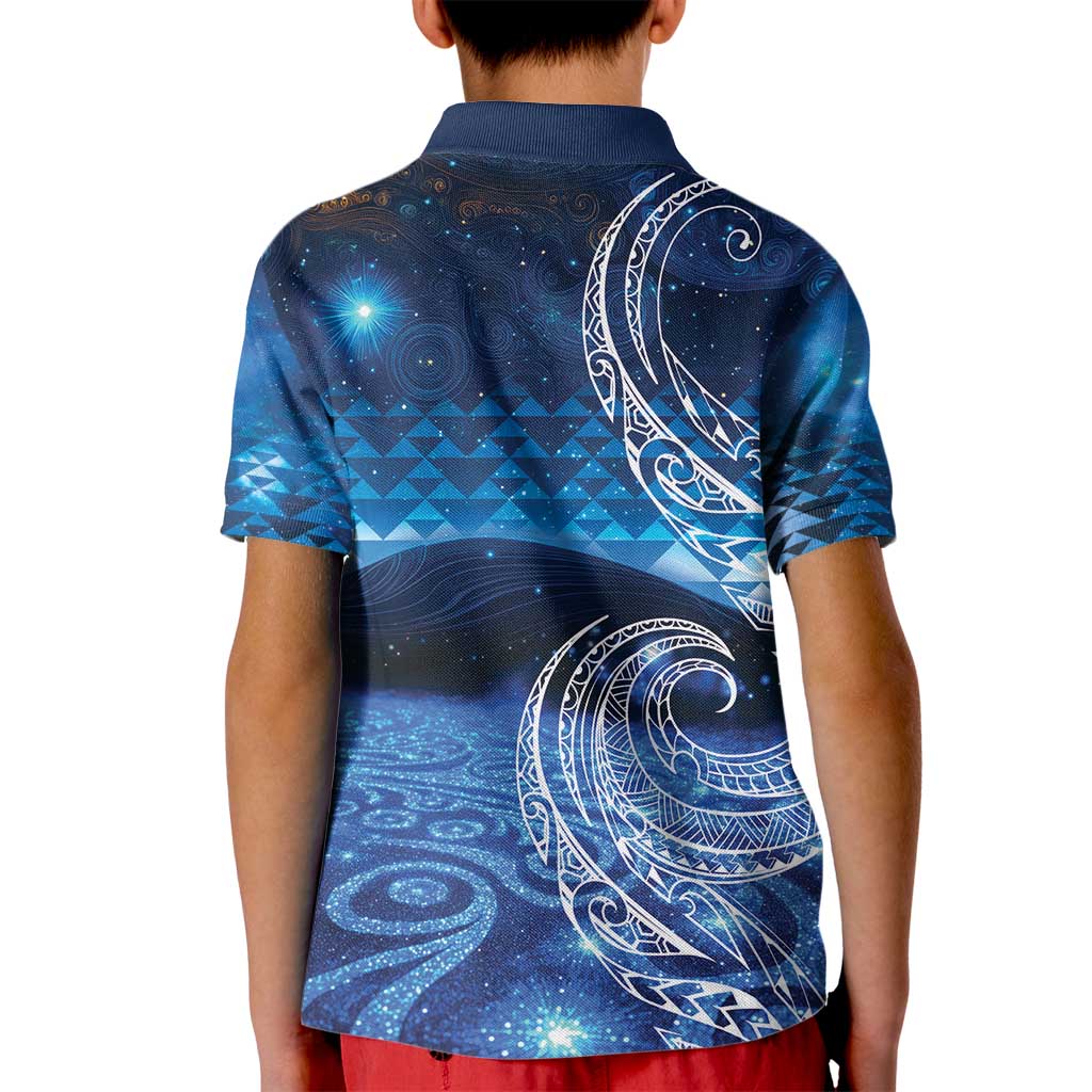 New Zealand Matariki Kid Polo Shirt Taniko Aramoana With Koru Galaxy Sky Night