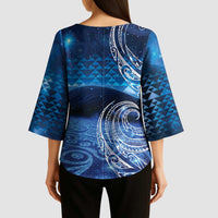 New Zealand Matariki Kimono Sleeve Blouse Taniko Aramoana With Koru Galaxy Sky Night - Polynesian Pride