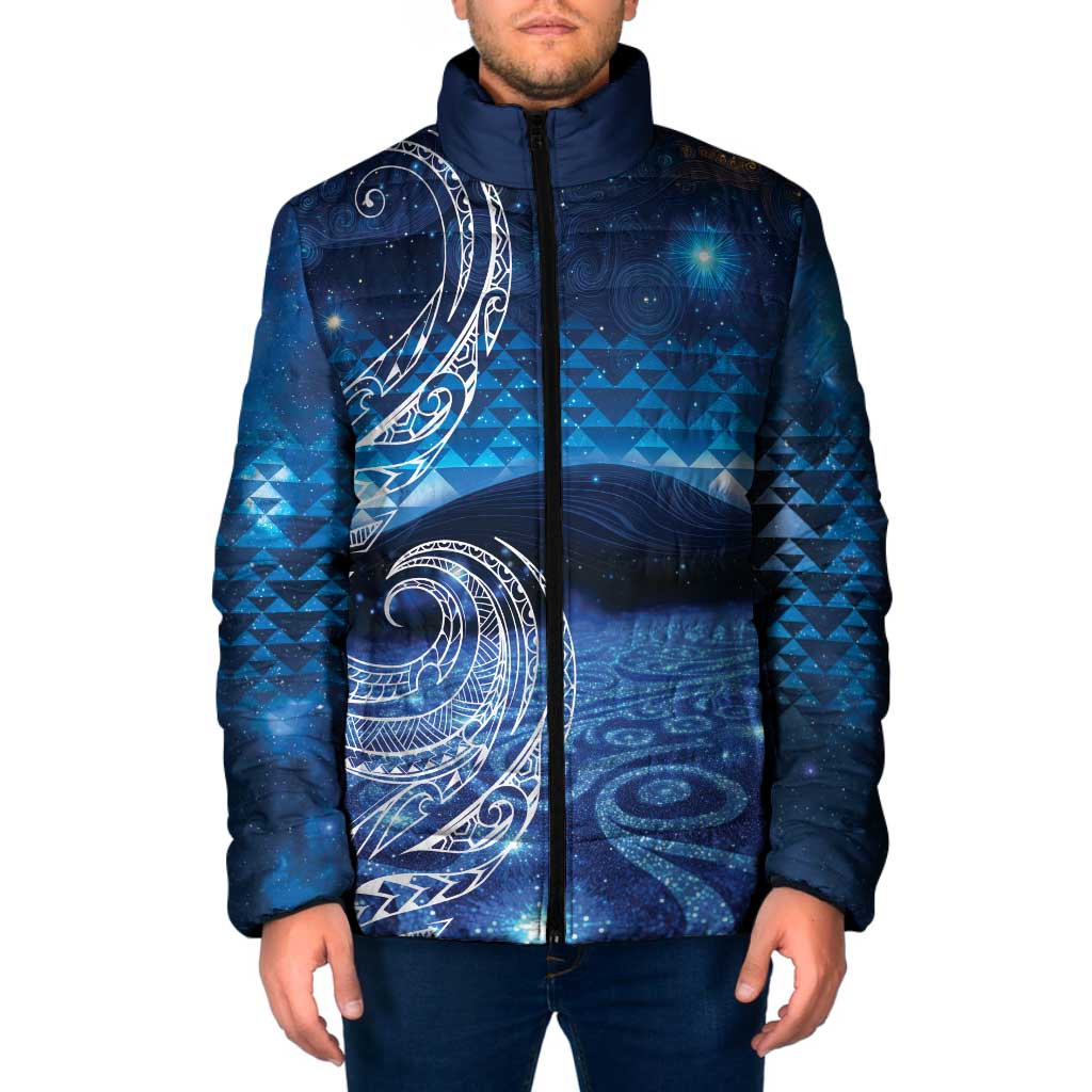 New Zealand Matariki Padded Jacket Taniko Aramoana With Koru Galaxy Sky Night - Polynesian Pride