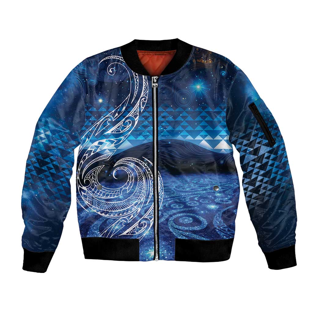 New Zealand Matariki Sleeve Zip Bomber Jacket Taniko Aramoana With Koru Galaxy Sky Night LT9 Unisex Galaxy - Polynesian Pride