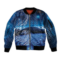 New Zealand Matariki Sleeve Zip Bomber Jacket Taniko Aramoana With Koru Galaxy Sky Night LT9 Unisex Galaxy - Polynesian Pride