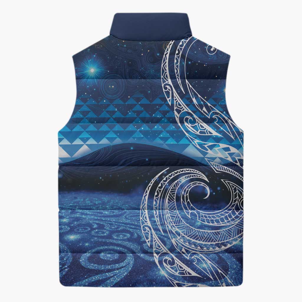 New Zealand Matariki Sleeveless Puffer Jacket Taniko Aramoana With Koru Galaxy Sky Night - Polynesian Pride