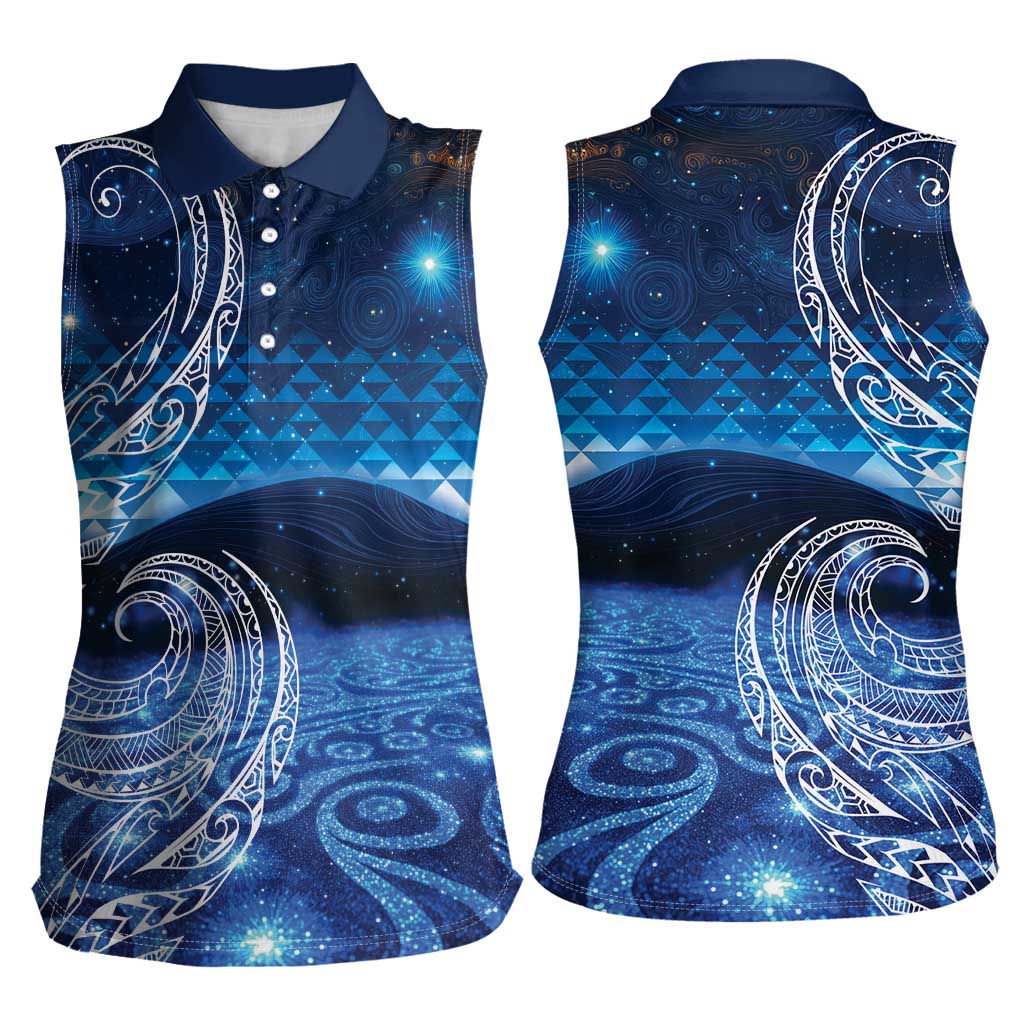 New Zealand Matariki Women Sleeveless Polo Shirt Taniko Aramoana With Koru Galaxy Sky Night