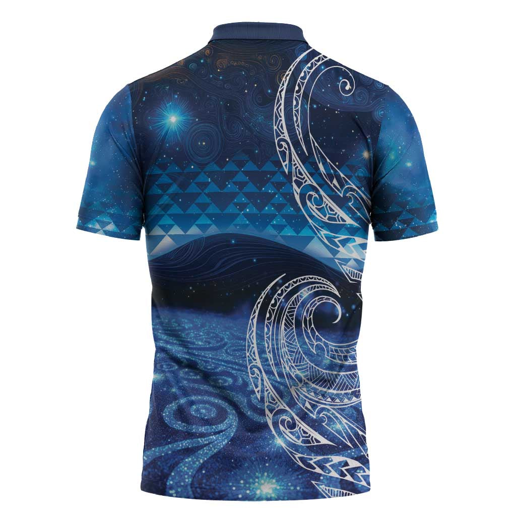 New Zealand Matariki Zipper Polo Shirt Taniko Aramoana With Koru Galaxy Sky Night - Polynesian Pride