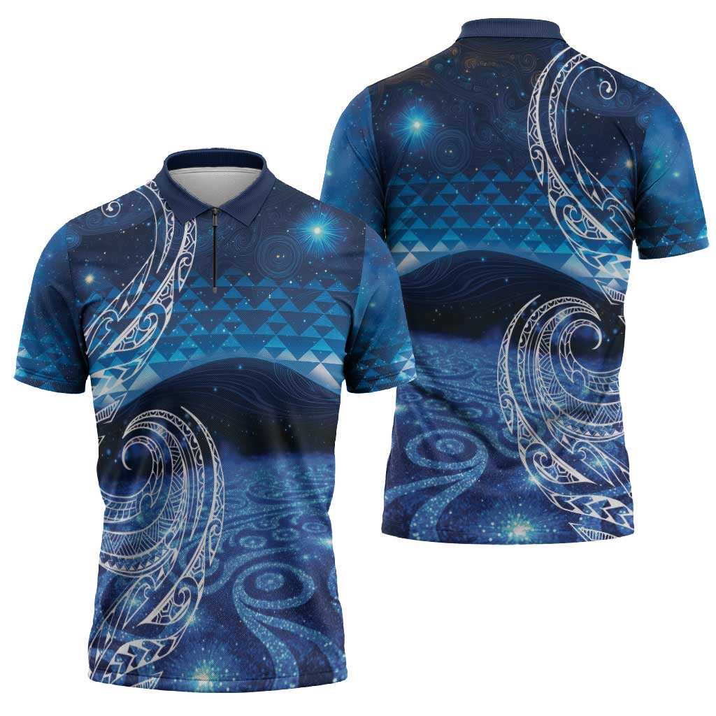 New Zealand Matariki Zipper Polo Shirt Taniko Aramoana With Koru Galaxy Sky Night - Polynesian Pride